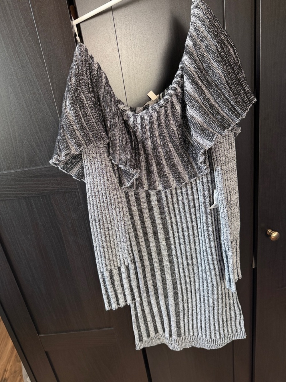 Off-the-Shoulder Gray Ribbed Ruffle Sweater Dress - Picture 2 of 2